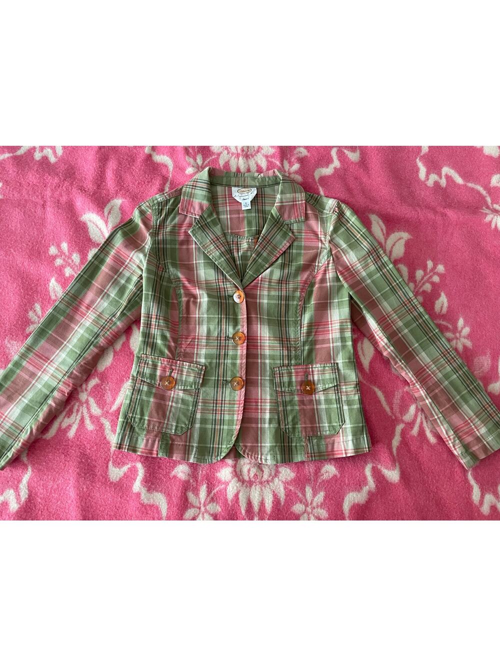 Talbots Petites Stretch blazer SZ 6 green & pink plaid orange buttons preppy